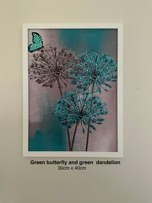 Green butterfly with green dandelion Embellished Print